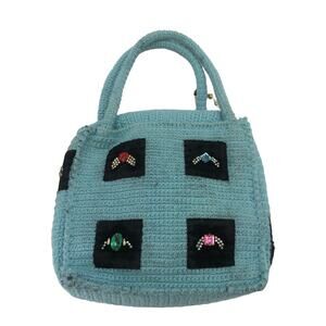 Vintage Unbranded Womens Handmade Crochet Knitted Tote Bag Turquoise Small